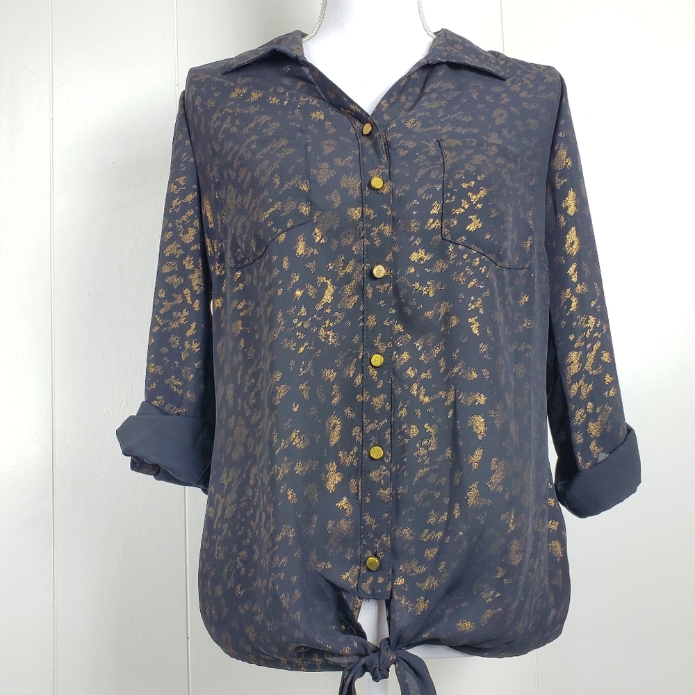 NY Collection tie front gold shimmer button front petite medium